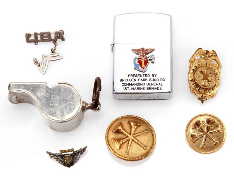 GEN SUNG DO LIGHTER FIREFIGHTER & AIR CREW BADGE: Military and Firefighter collectible lot consisting of 1ST Marine Brigade lighter presented by Brigadier General Park Sung Do, made by ABC Inchon ROK and is in new condition, also sterling combat air 