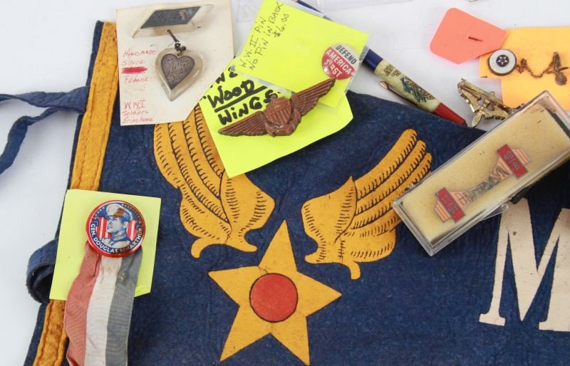 WWI WWII SWEETHEART BADGE & WASP GEAR SHIFT: Nice collection of sweetheart badges including a gear shift knob hand inscribed Mom at 7:00 with a photo of a Wasp pilot clearly wearing her wings, in addition, Army Air Corp Miami pennant, Sheaffer m