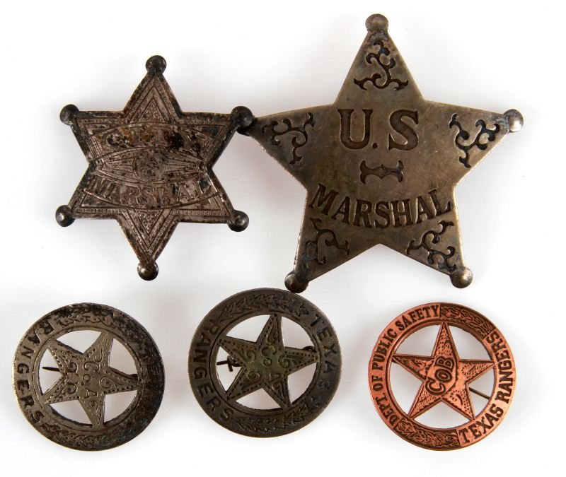 GROUP OF TEXAS RANGERS AND US MARSHALLS BADGES: Group of five reproduction badges. Three Texas rangers (Two are CO.A, one CO.B). Two US Marshall badges. All are in very good condition.