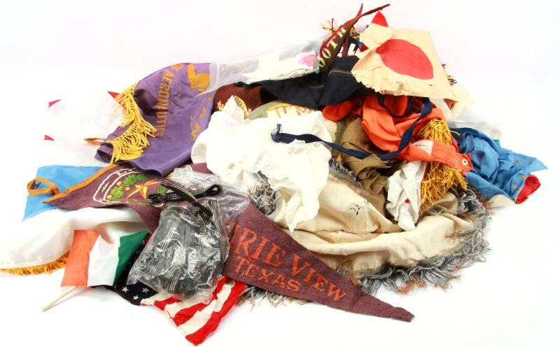 BASKET FULL OF PENNANTS WWII PILOWCASES & MORE: True sweep the kitchen lot full of WWII military base pillowcases, handkerchiefs, school and military base pennants, probably over 50 pieces.