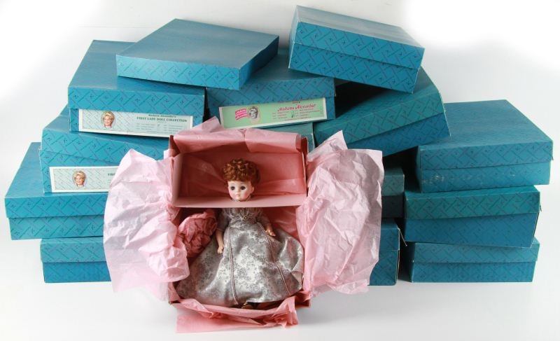 MADAME ALEXANDER FIRST LADY DOLL COLLECTION OF 16: Madame Alexander First Lady Collector Dolls, lot of 16. To include: Caroline Harrison, Mary McKee, Lucy Webb Hayes, Lucretia Garfield, Mary McElroy, Frances Cleveland, Louisa Adams, Dolley Madison, El