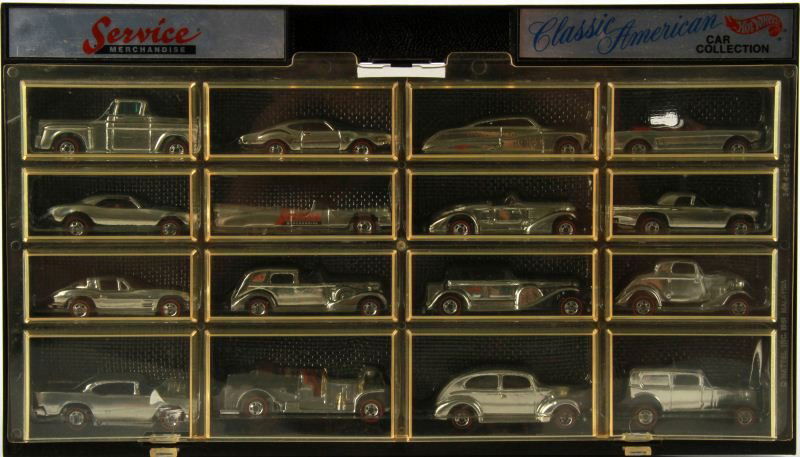 1995 HOT WHEELS CLASSIC AMERICAN 16 CAR SET: Collection of cars are all chrome with redline tires. The cars included are Old number 5, 1931 Doozie, 1932 Ford Delivery, Aiburn 852, 3 Window 1934, Classic Caddy, Fat fendered 40, Passion, 1956 Flas