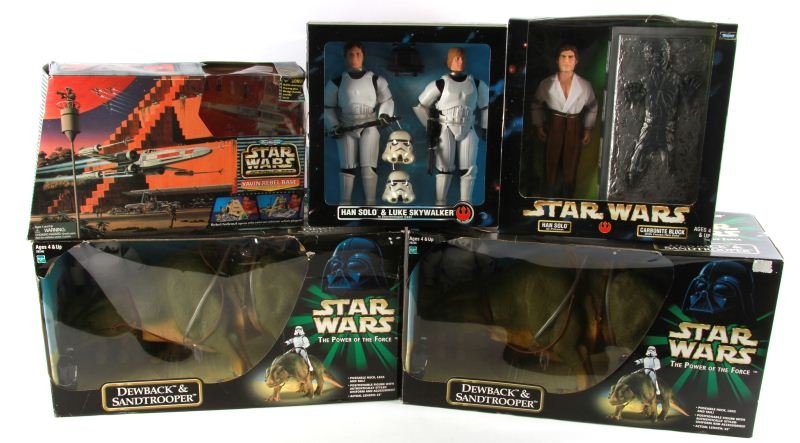 LOT OF 4 STAR WARS GIANT SIZED ACTION FIGURES MIB: 2 DEWBACK AND SANDTROOPER MIB, Han & Luke storm trooper set and Han solo as prisoner, with Han frozen in a Carbonite. All are MIB.