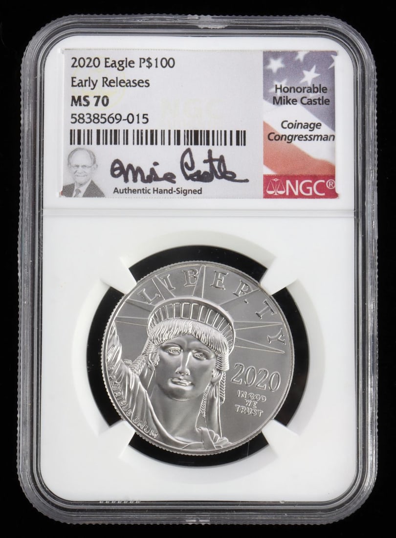 2020 PLATINUM EAGLE MIKE CASTLE SIGNED NGC MS 70M: Early release Congressman Mike Castle signed. NGC Encapsulated MS 70. 1 OZT platinum. This lot has a reserve.