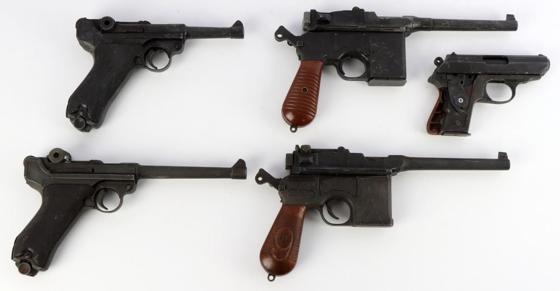 GERMAN P08 RED AND PPK HIGH QUALITY REPLICAS: Good lot of assorted high end replicas. Some are damaged, but very good condition otherwise. Standard sizes.