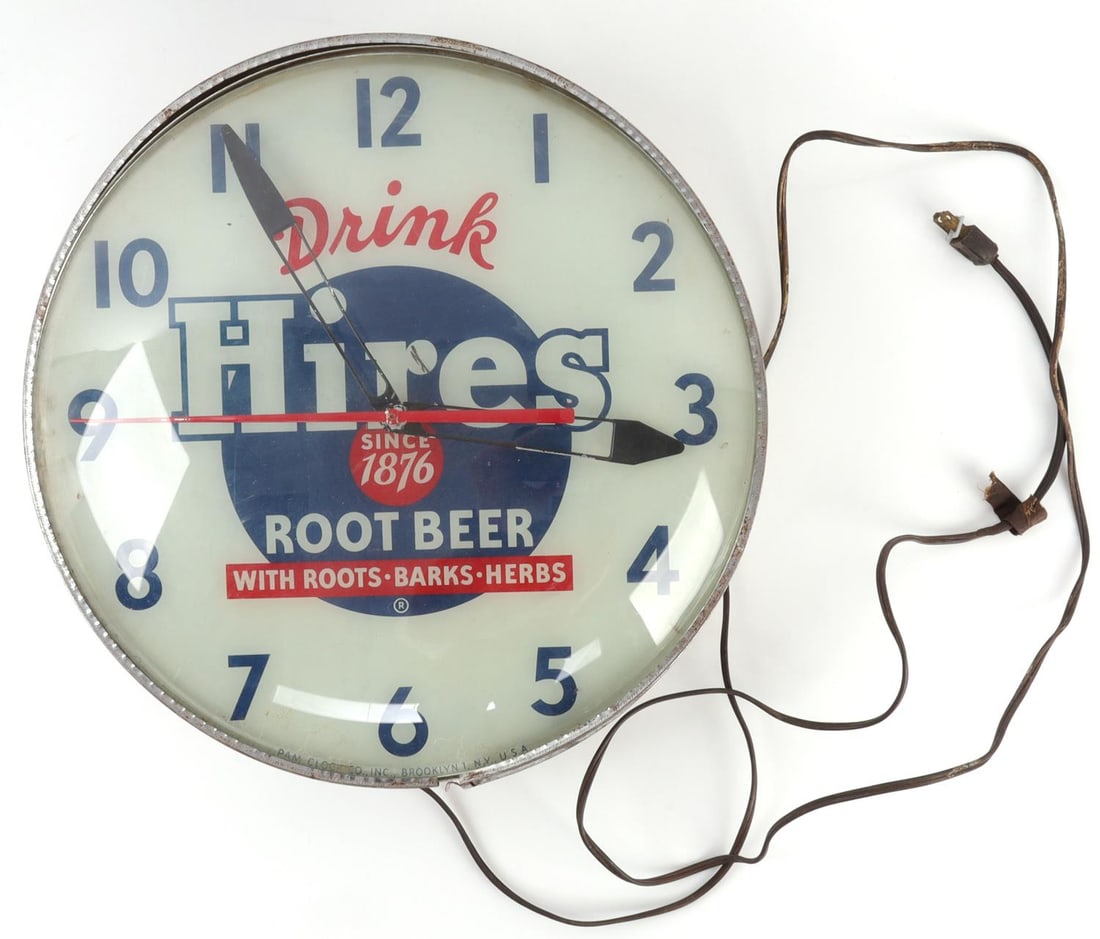 VINTAGE HIRES ROOT BEER ADVERTISING WALL CLOCK: Good working condition. Old fray in cord. Does not affect the working of the clock. 15-inch diameter.