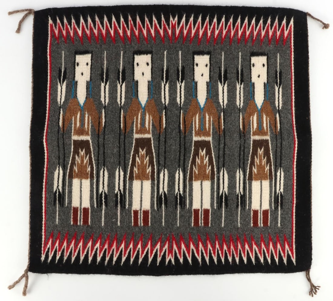 SOUTHWEST NATIVE AMERICAN NAVAJO YEI RUG: Figural yei rug featuring the divine figures of Navajo mythology. Colors are black, red, brown, white, gray, bronze, and blue. Intricately weaved. Woven by Hazel Jumbo. 21 X 20 inches. Very good, orig