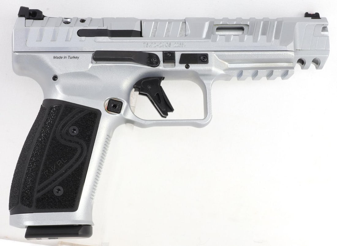 CANIK SFX RIVAL-S 9MM ALL STEEL OPTIC READY PISTOL: New in box Canik SFx Rival-S semi-auto competition handgun. Optic-ready, chrome steel finish. MPN HG7010C-N. Includes two (2) 18rd magazines, holster, grip inserts, flared magwell, steel magazine floo