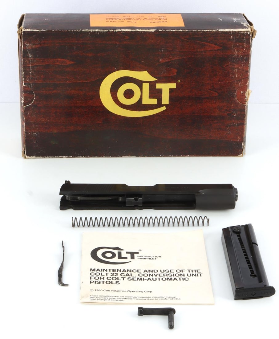 COLT 1911 .22LR CONVERSION KIT MODEL 03151: Colt 1911 .22LR conversion kit model 03151. Blued finish, 5-inch barrel. With original packaging, manual and one (1) magazine. Good condition. Front sight painted hi-vis.