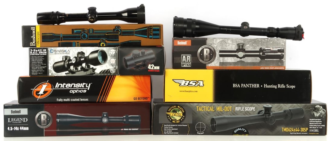DEALERS LOT OF 10 RIFLE SCOPES BUSHNELL AR/223: Dealers lot of TEN (10) rifle scopes from Bushnell, BSA, Barska and Intensity. Includes Bushnell AR/223 1-4x 24mm illuminated (AR914241), Bushnell Legend Ultra HD 4.5-14x 44mm, Simmons 42mm red dot op