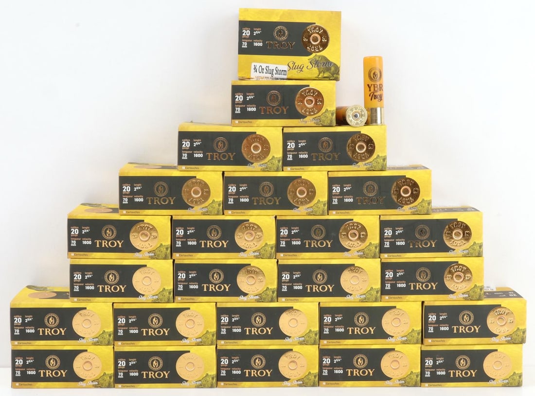 250 RDS YTR TROY 20 GA 70MM 2 3/4 INCH AMMO: 25 boxes, 10 rounds each, 250 rounds total YTR Troy 20 Gauge, 70mm, 2 3/4 inches, 1600 Velocity Slug Shot Ammunition. No international shipping. Know your state laws prior to bidding. This lot has a r