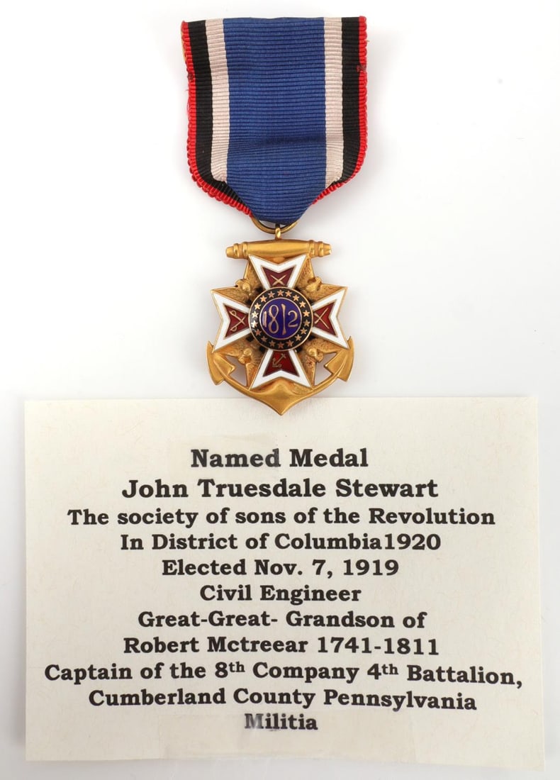 GENERAL SOCIETY OF THE WAR OF 1812 MEMBER BADGE: Sons of the American Revolution, General Society of the War of 1812 gold membership badge. Two-piece construction with enamel Maltese cross on 14k gold anchor device. Reverse engraved "John Truesdale 