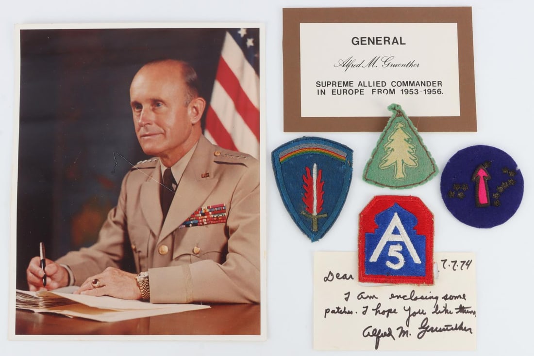 NATO SUPREME COMMANDER ALFRED GRUENTHER PATCHES: Lot of FOUR (4) patches from Supreme Allied Commander in Europe Alfred Gruenther. Includes hand-written message from Gruenther. In a display box. 16.25 X 12.5 inches. Very good, original condition.