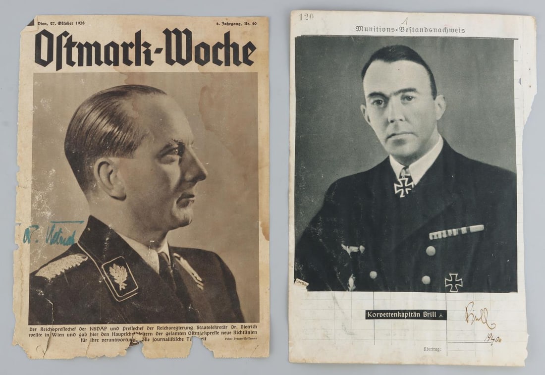 WWII GERMAN THIRD REICH OTTO DIETRICH SIGNATURE SS: Copy of the newspaper Ostmark-Woche with a photo of Otto Dietrich on the cover. Cover is signed on lower left by Otto Dietrich. Deemed authentic to terms. Very good, original condition.