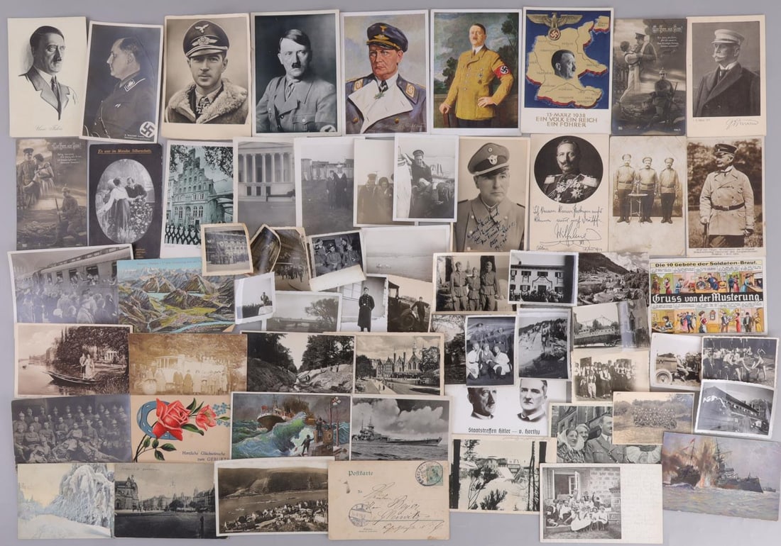 LOT OF 60 GERMAN THIRD REICH POSTCARD & PHOTO LOT: Lot of SIXTY (60). A great variety of postcards and photographs. Photos show buildings and German soldiers. Postcards show soldiers, Hitler, Goring, and more. Very good condition.