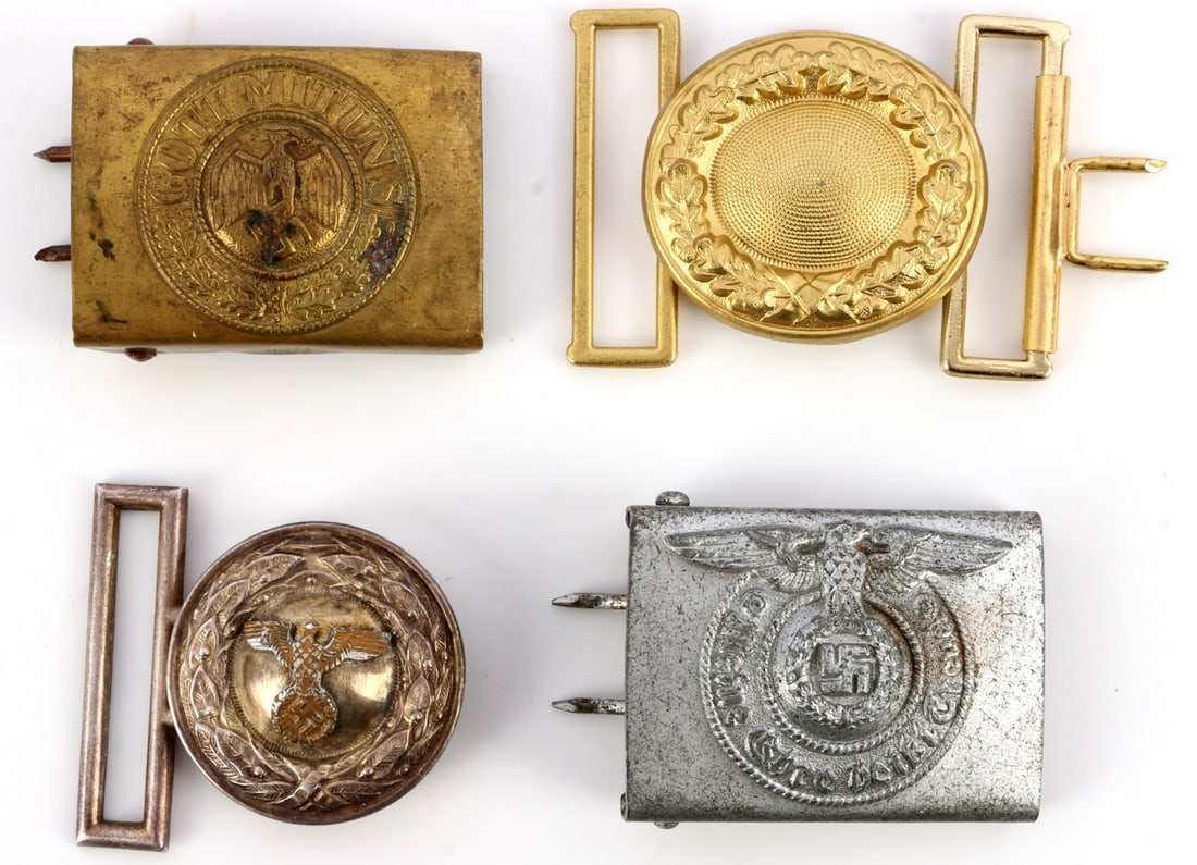 WWII GERMAN THIRD REICH BELT BUCKLE ASSMANN 4PCS: Lot of FOUR (4) pieces. Includes Waffen SS EM/NCO steel buckle marked "RZM 155/43 SS" (Assmann) under prongs, SS domed aluminum buckle marked "RZM M/183 SS," Kriegsmarine brass buckle, and two-piece d