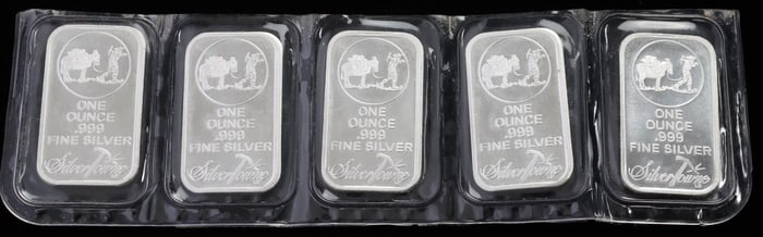LOT OF 5 .999 FINE SILVER 1 OZT BAR INGOTS