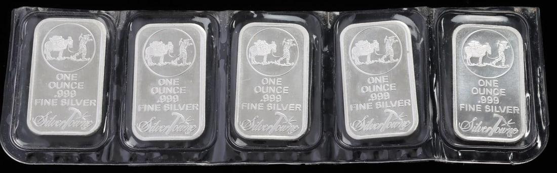 LOT OF 5 .999 FINE SILVER 1 OZT BAR INGOTS