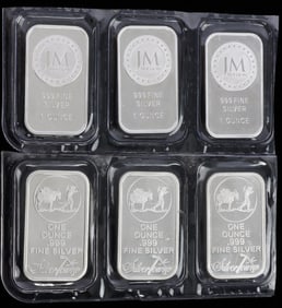 LOT OF 6 .999 FINE SILVER 1 OZT BAR INGOTS