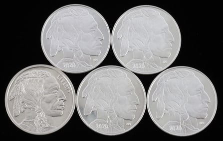 LOT 5 .999 FINE SILVER 1 OZT OUNCE BUFFALO ROUNDS