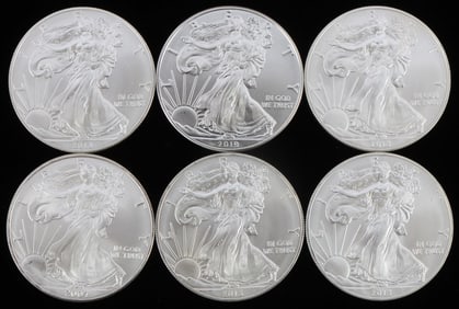 LOT 6 SILVER AMERICAN EAGLE .999 FINE 1 OZT COINS