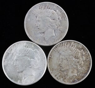 LOT OF 3 SILVER MIXED DATE PEACE DOLLAR COINS