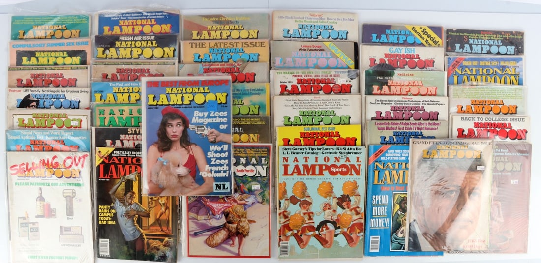 LOT OF 39 VINTAGE NATIONAL LAMPOON MAGAZINES: Lot of THIRTY-NINE (39) vintage National Lampoon magazines. Assorted dates from 1972-1991. Include two (2) sought after issues - February 1977 "Grand Fifth Term Inaugural Issue") and April 1985 ("The 