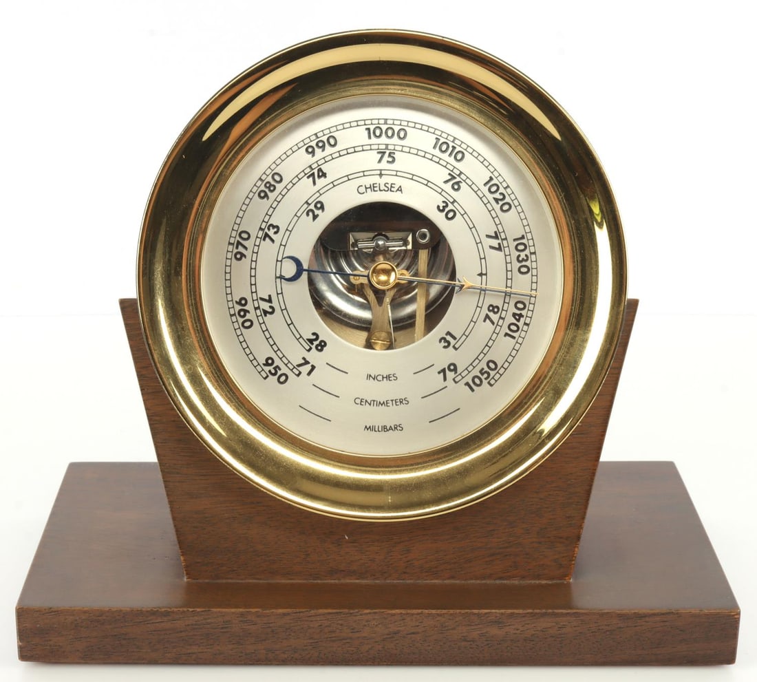 CHELSEA BRASS TABLE TOP BAROMETER: Seller states item needs recalibration. Otherwise, very good original condition. No dents or detractions. Reverse is numbered "11 87 4." Weight: john floor