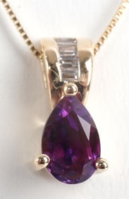 17 1/2 INCH YELLOW GOLD NECKLACE AMETHYST PENDANT