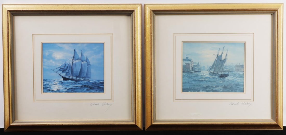 LOT OF 2 CHARLES VICKERY SIGNED PRINT SHIP AT SEA: Lot of TWO (2) framed prints of pieces by Charles Vickery, both signed by the artist. Prints are approx. 8 X 6.5 inches. Framed and matted, with 16 X 17 inch frames. Can be removed from frames for shi