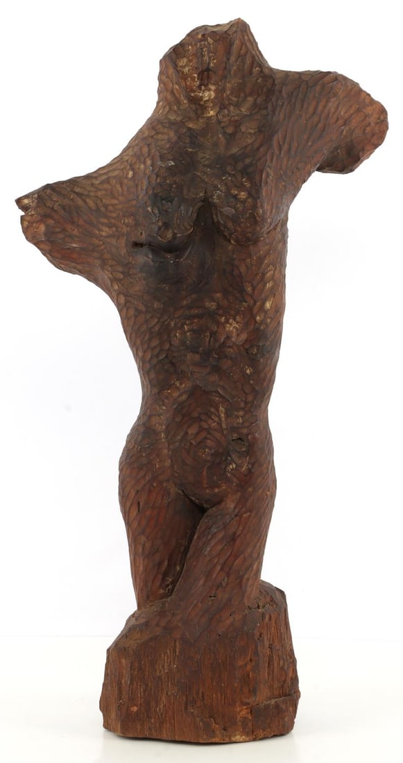 SURREALIST FEMALE FIGURAL NUDE TORSO IN WOOD: Figural bust of a nude female torso. One of the breasts transforms into a mouth, and there is a knob emerging from the back. 11 X 17 inches.