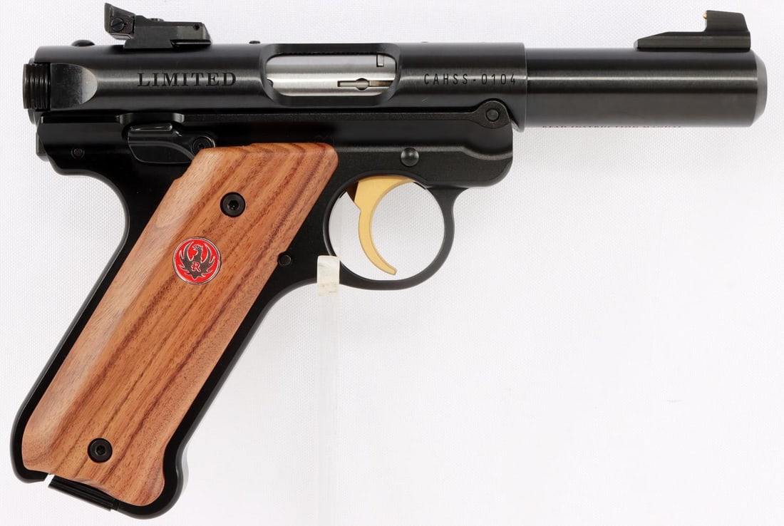 RUGER MARK IV .22LR SEMI AUTOMATIC PISTOL NIB: New in box. 4-inch barrel. Fixed front and adjustable rear sights. Serrated trigger. Smooth wood grips. Includes two (2) magazines, hard case, gun lock, and owner's manual. No international shipping. 