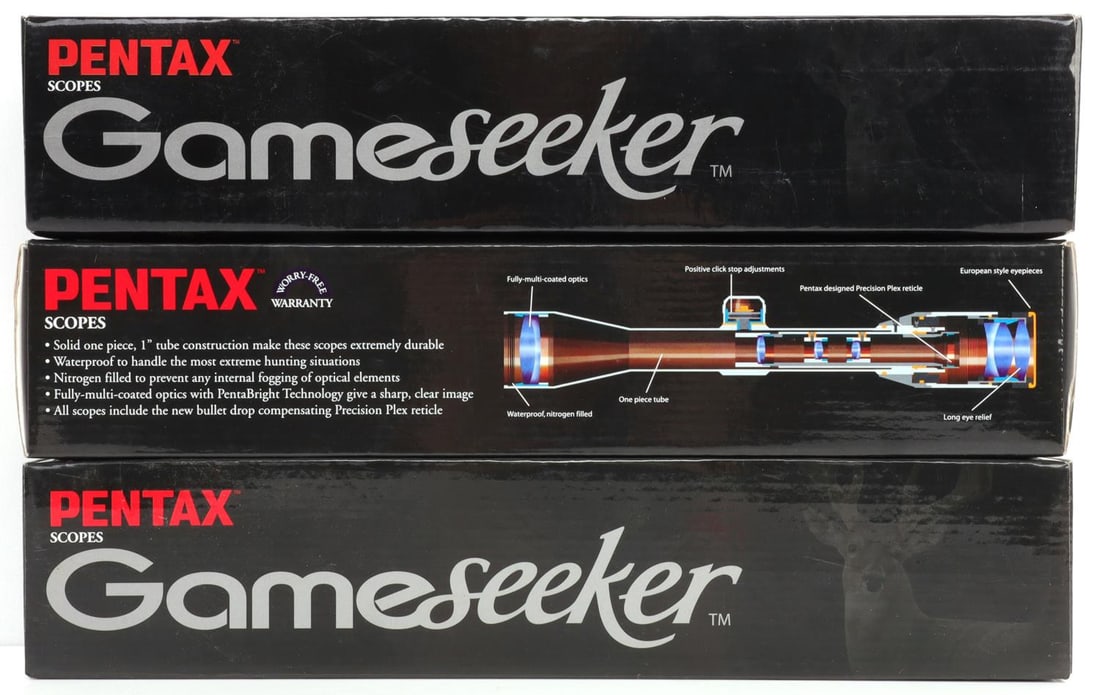 LOT OF 3 PENTAX GAMESEEKER RIFLE SCOPES NIB: Lot of THREE (3) new in box Pentax Gameseeker rifle optics. Model 89713, 3-9X 50mm.