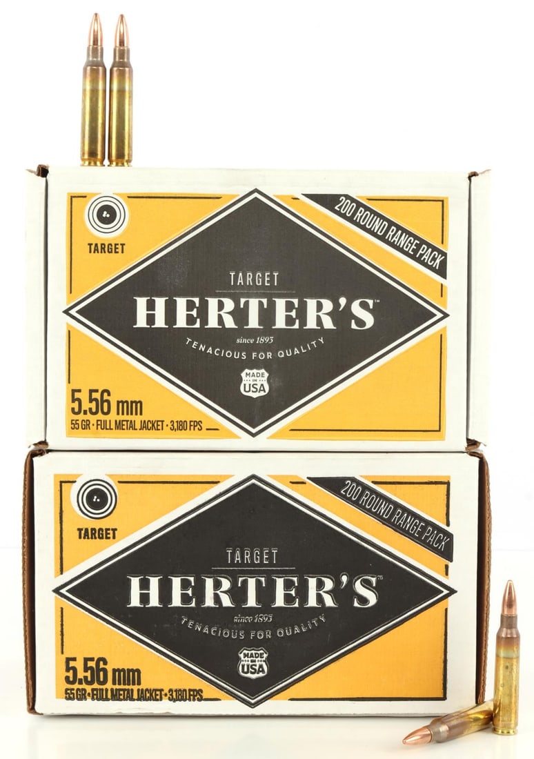 400 RDS HERTERS 5.56 MM 55 GR FMJ 3180 FPS AMMO: 2 boxes, 200 rounds each, 400 rounds total Herter's 5.56 mm, 55 Grain, Full Metal Jacket, 3180 FPS Ammunition. No international shipping. Know your state laws prior to bidding. This lot has a reserve.