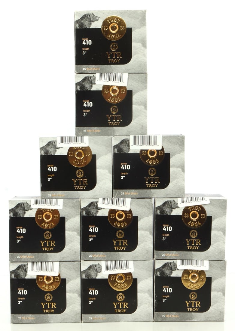 250 RDS YTR TROY 410 GA 3 INCH 5/8 OZ #8 AMMO: 10 boxes, 25 shells each, 250 rounds total YTR Troy 410 Gauge, 3 inches, 5/8 ounces #8 Ammunition. No international shipping. Know your state laws prior to bidding. This lot has a reserve.