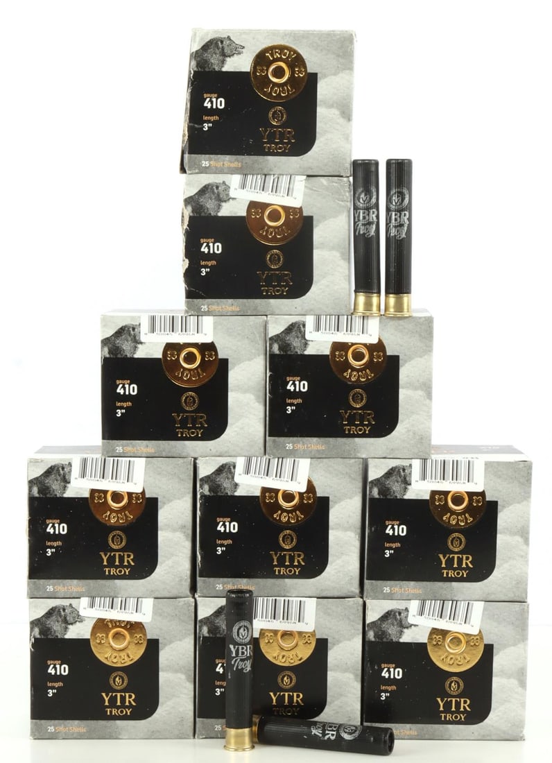250 RDS YTR TROY 410 GA 3 INCH 5/8 OZ #8 AMMO: 10 boxes, 25 shells each, 250 rounds total YTR Troy 410 Gauge, 3 inches, 5/8 ounces #8 Ammunition. No international shipping. Know your state laws prior to bidding. This lot has a reserve.