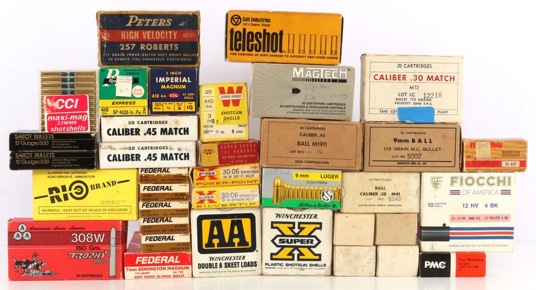 LOT OF 38 BOXES VINTAGE AMMUNITION COLT TELESHOT: Lot of THIRTY-EIGHT (38) pieces vintage boxed ammunition. Includes full box of Colt Industries Teleshot 12 gauge, various Olin Corp and Lake City, Peters and Winchester .257 Roberts, Rio Brand 9mm Lug