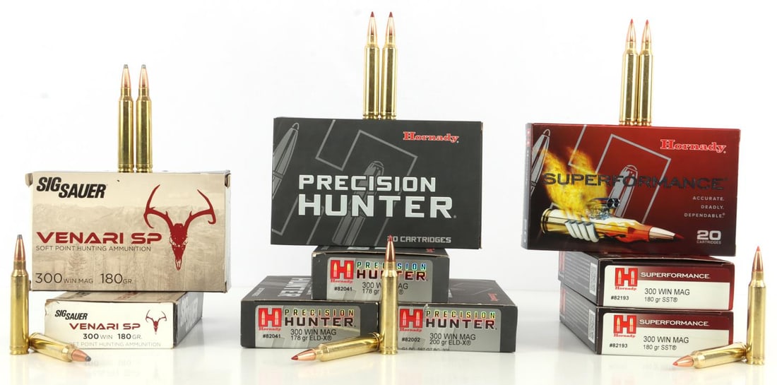 180 RDS .300 WIN MAG SP PREMIUM HUNTING AMMUNTION: Lot of 180 rounds .300 Winchester Magnum factory new centerfire rifle ammunition. Includes Hornady Precision Hunter 200gr ELD-X #82002, Hornady Precision Hunter 178gr ELD-X #82041, Hornady Superforman