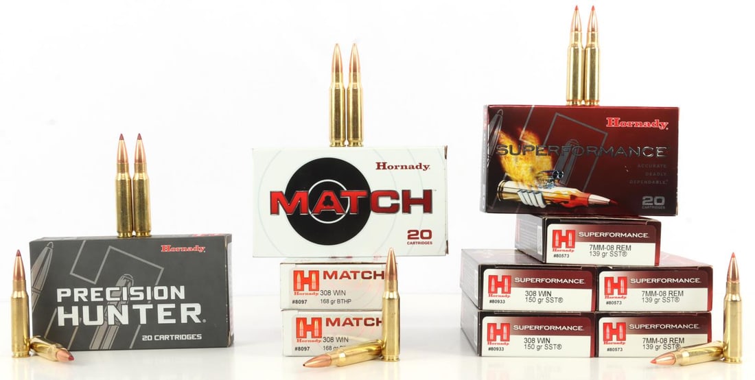 200 RDS .308 WIN & 7MM-08 REM HORNADY AMMUNITION: Lot of 140 rounds factory new centerfire rifle ammunition. Includes 60 rounds .308 Winchester 168gr BTHP (Hornady Match #8097), 60 rounds .308 Winchester 150gr SST (Hornady Superformance #80933), 20 r
