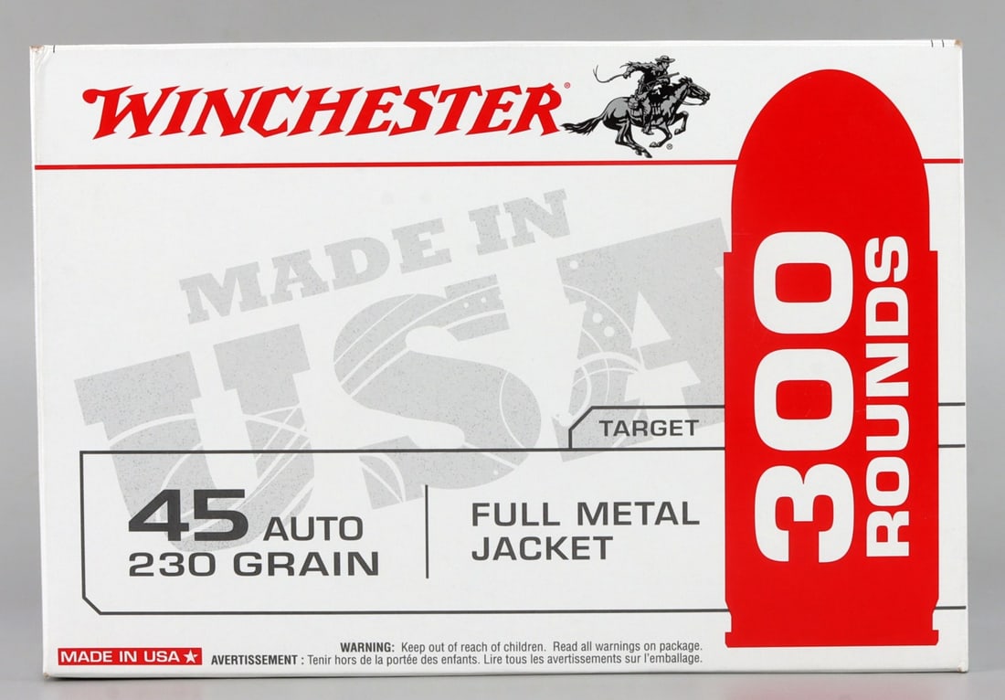 300 RDS WINCHESTER 45 AUTO 230 GR FMJ AMMO: 1 box, 300 rounds Winchester 45 Auto, 230 Grain, Full Metal Jacket ammunition. No international shipping. Know your state laws prior to bidding. This lot has a reserve.