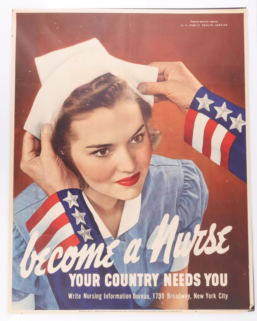 WWII UNCLE SAM BECOME A NURSE POSTER: Original poster. 28 X 22 inches. Fold lines and minimal tearing present.