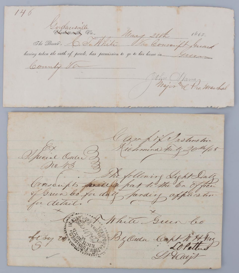 1865 CIVIL WAR RICHMOND PAROLE & CONSCRIPTION DS: Lot of TWO (2) Civil War signed documents. 1) Parole slip dated May 20th, 1865, authorizing conscript guard Charles T. White to return to his home in Greene County. 2) Handwritten special order headli