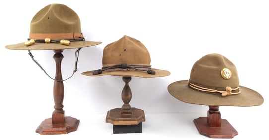 LOT OF 3 WWI & WWII US ARMY CAMPAIGN HATS W/ CORDS