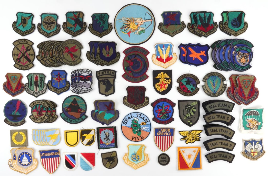 UNITED STATES MILITARY PATCHES KOREA & VIETNAM LOT: Large and varied selection of military patches from Korea and Vietnam. Includes Army, Air Force, and Navy. Largest patch has a 5-inch diameter, most are smaller. Very good, original condition.