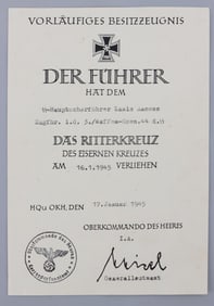 WWII GERMAN SS KNIGHTS CROSS AWARD CERTIFICATE DS