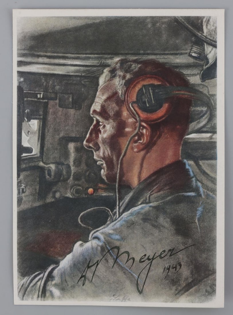 WWII GERMAN THIRD REICH PANZER MEYER SIGNATURE: Postcard depicting a man inside a Panzer tank. The postcard is signed by SS-Hitlerjugend commander. Kurt 'Panzer' Meyer. Very good, original condition.