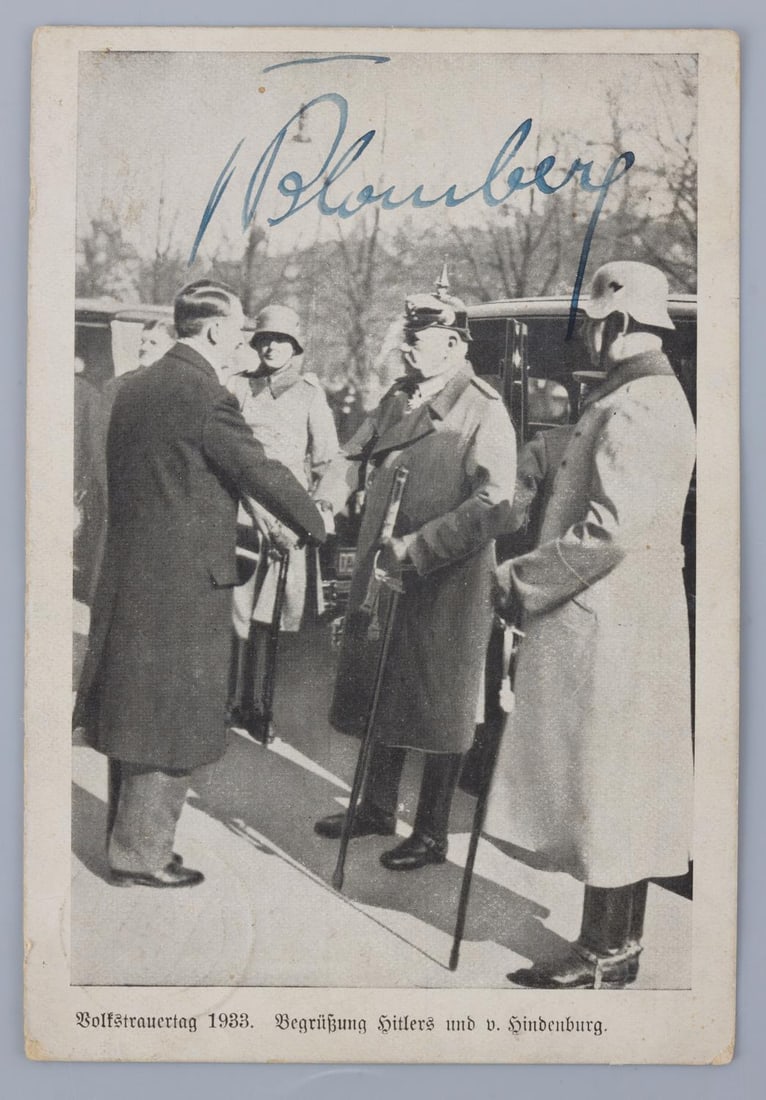 WWII GERMAN THIRD REICH VON BLOMBERG AUTOGRAPH: Photograph of Hitler and Hindenburg shaking hands. Signed by Werner Von Blomberg, Hitler's first minister of war and central actor in the Blomberg-Fritsch affair. Matches known historical examples. Ve