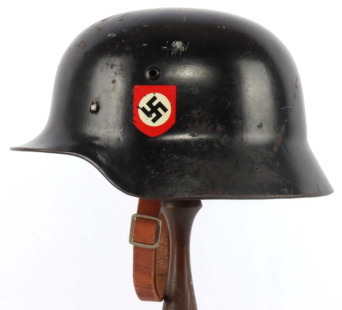 WWII GERMAN RESTORED WAFFEN SS M35 HELMET ET64: Restored Third Reich M35 Stahlhelm, size 57. Interior has "E.T.64" stamped over left ear and "4 3261" at neck. Good condition. Post-war paint, decals and liner.