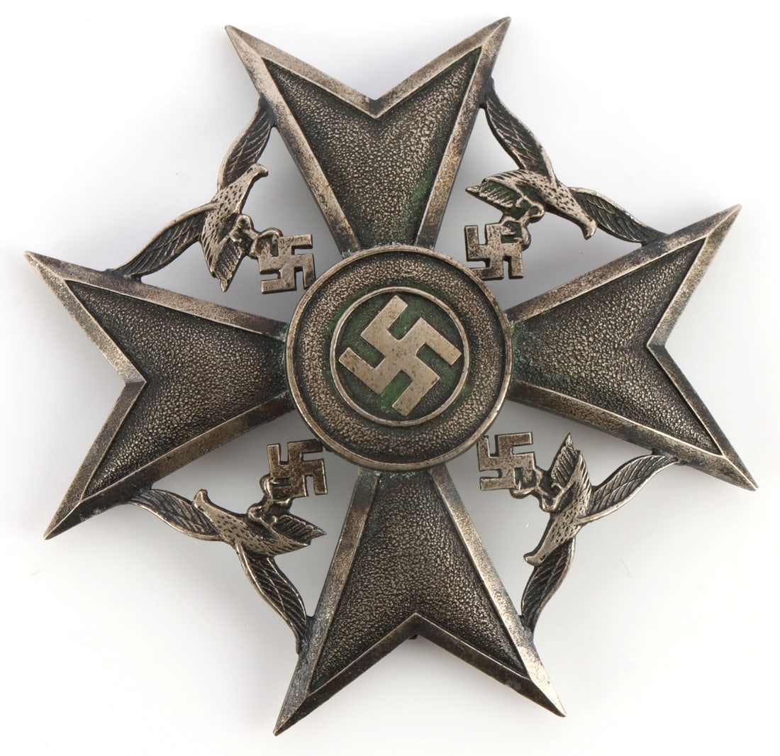 WWII GERMAN CONDOR SPANISH CROSS WITH SWORDS: Silver grade. Reverse marked L/12 and 800 for silver. Does not acid test as silver. 2 1/8 inches. Unauthenticated, sold "as is." This lot has a reserve.