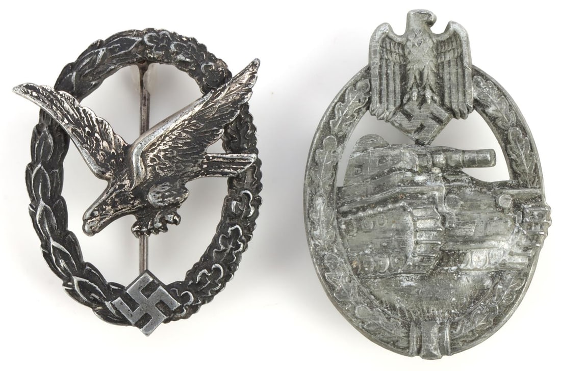 BADGES PANZER ASSAULT & LUFTWAFFE PILOT OBSERVER: Pilot Observer badge is maker stamped as is Panzer assault, each has pins to a point. Exceptional detail. Very good overall condition.